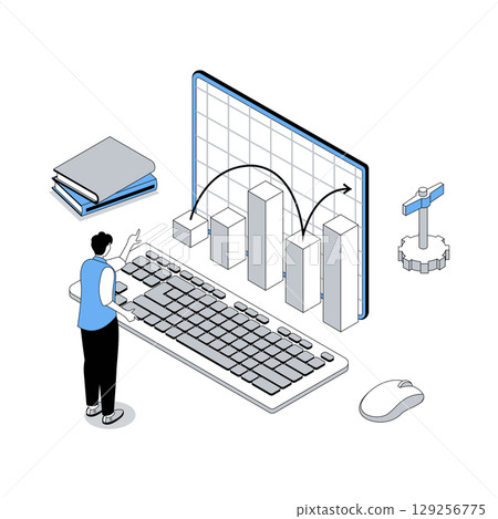 Data analysis 3d isometric concept with isometry people design for web. Man bookkeeping and calculating barcharts, researching performances, statistics and market trends at graphs. Vector illustration 129256775