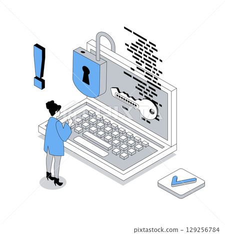 Cyber security 3d isometric concept with isometry people design for web. Woman using password lock access and biometric authentication like protection technology on computer. Vector illustration 129256784