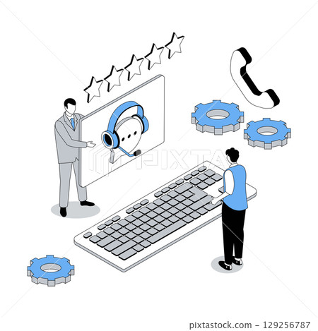 Customer support 3d isometric concept with isometry people design for web. Clients connecting with technical team, get virtual help in video chat, contact with online assistant. Vector illustration 129256787