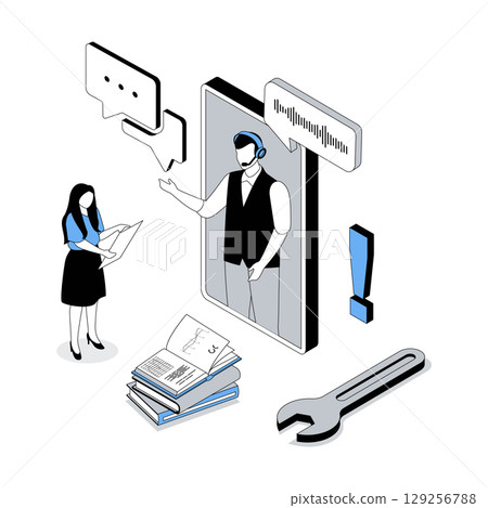 Customer support 3d isometric concept with isometry people design for web. Operator in headset consulting client by video in mobile app, solving technical problems, find solution. Vector illustration 129256788