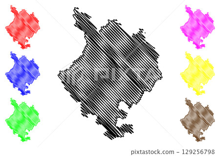Huntingdonshire Non-metropolitan district (United Kingdom of Great Britain and Northern Ireland, ceremonial county Cambridgeshire or Cambs, England) map vector illustration, scribble sketch Hunts map 129256798