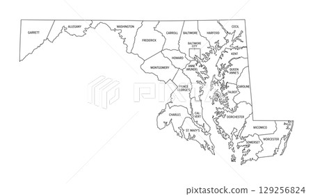 State of Maryland, subdivided into 23 counties and the independent City of Baltimore, outline map. State in the Mid-Atlantic region of the United States, nicknamed Old Line State. Isolated. Vector 129256824