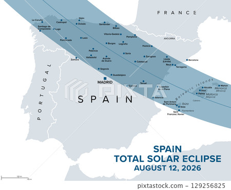Spain, total solar eclipse, August 12, 2026, path of totality, map with cities. Moon fully obscuring the sun, crossing from west to east through northern half of Spain, including the Balearic Islands. 129256825