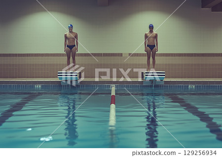 Swimmers poised on silent starting blocks in a quiet, clean aquatic space 129256934