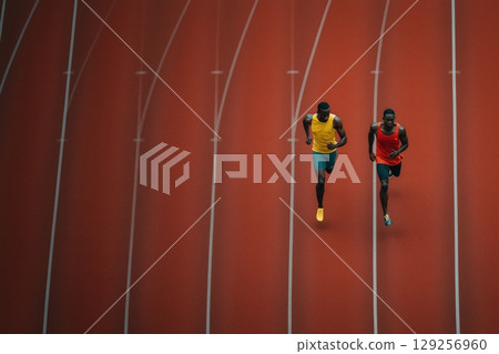 Two athletes meet in precise baton exchange under soft overcast stadium light 129256960