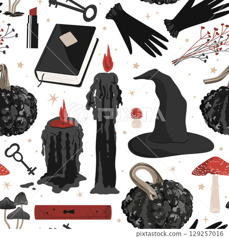 Spooky Halloween seamless pattern with black and red candles, warty pumpkins, witch hat and gloves, witchcraft books and amanita mushrooms. Scary Halloween background clip art. 129257016