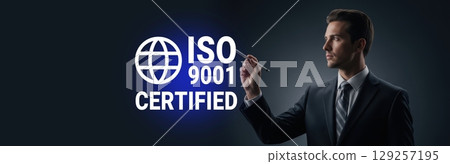 Quality Certification Concept ISO 9001 Standard. Quality Management System background. Standards, Compliance, and Business Excellence 129257195