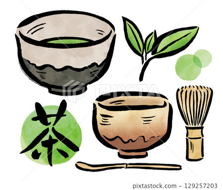 抹茶、茶筅、茶葉、毛筆和水彩 抹茶、茶筅、茶葉、毛筆和水彩 129257203