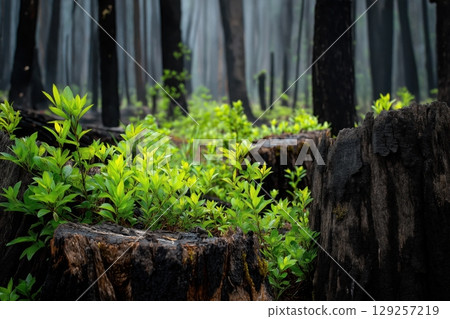Charred forest regenerates with vibrant green saplings after destructive wildfire blaze 129257219