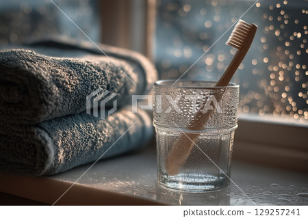 Toothbrush in clear cup beside towel on softly lit bathroom counter 129257241