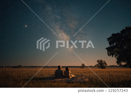 Two friends under stars share quiet moment on blanket in wide summer field 129257243