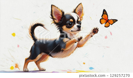 Cheerful Cartoon Chihuahua Playing with Fluttering Butterfly, Cute Pet Illustration 129257270