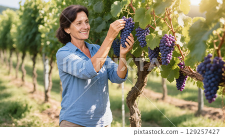 Smiling woman harvesting ripe grapes in vineyard on a sunny day, surrounded by lush green vines and natural light 129257427