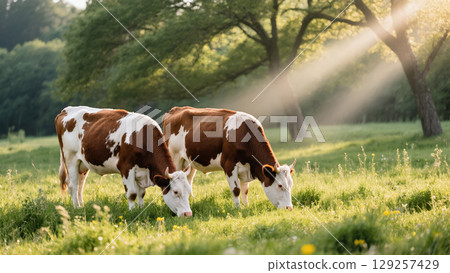 Two brown and white cows grazing peacefully in a green meadow under warm sun rays filtering through trees 129257429