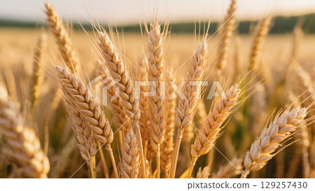 Close-up of golden wheat ears in a ripe field under soft evening light, symbolizing harvest and agricultural abundance 129257430