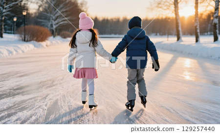 Christmas scene of two children ice skating hand in hand on a snowy path at sunset, enjoying winter together. Christmas scene of two children ice skating hand in hand on a snowy path at sunset, enjoying winter together. 129257440