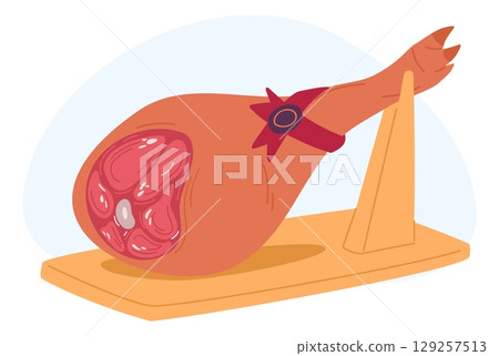 Hamon ham cured pork meat on wooden stand. Delicatessen meat meal. Premium iberico. Spanish jamon. Preserved hindquarter. Leg with hoof. Traditional prosciutto. Vector food product 129257513