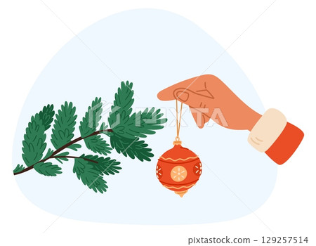 Hand hangs Christmas red balloon on yellow string from branch of fir tree. Arm decorating festive pine. Xmas toy. Coniferous stalks. New Year traditional celebration. Vector concept Hand hangs Christmas red balloon on yellow string from branch of fir tree. Arm decorating festive pine. Xmas toy. Coniferous stalks. New Year traditional celebration. Vector concept 129257514