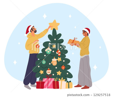 Man and woman decorate Christmas tree. Girl placing boxes of gifts around. Guy putting star on festive fir. Family preparing for New Year celebration. Traditional decoration. Vector concept Man and woman decorate Christmas tree. Girl placing boxes of gifts around. Guy putting star on festive fir. Family preparing for New Year celebration. Traditional decoration. Vector concept 129257518