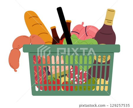 Store handheld shopping basket with groceries. Buying sausage and butter in supermarket. Bread loaf. Fresh vegetables and fruits in container. Carry meat and tomato. Vector shop object 129257535