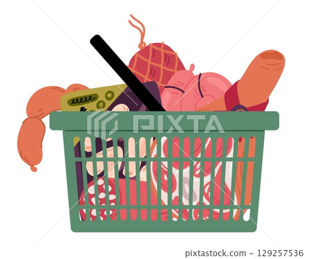 Store shopping cart filled with meat products, wieners and sausages. Meat ham and chicken tray. Beef and pork products buy. Butchery purchase. Full container. Vector supermarket object Store shopping cart filled with meat products, wieners and sausages. Meat ham and chicken tray. Beef and pork products buy. Butchery purchase. Full container. Vector supermarket object 129257536