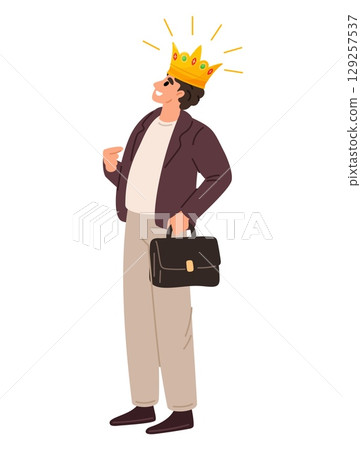 Successful narcissistic businessman with golden crown on head. Business leadership. Egocentric boss. Confident man with king headwear. Appearance disorder. Leader ego. Vector concept Successful narcissistic businessman with golden crown on head. Business leadership. Egocentric boss. Confident man with king headwear. Appearance disorder. Leader ego. Vector concept 129257537