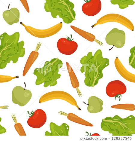 Vegetables and fruits. Food seamless pattern. Banana and apple. Fresh carrot. Vegetarian product. Tomato and lettuce. Cabbage leaves. Repeated print. Cooking ingredient. Vector background 129257545