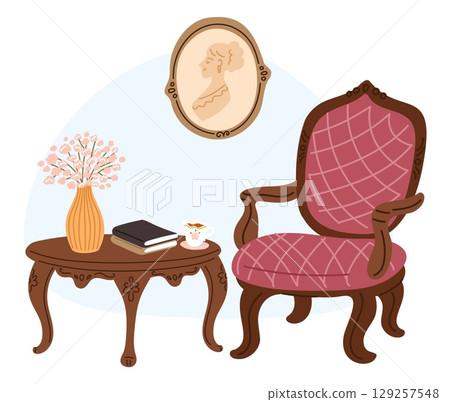Vintage armchair with table of books, tea cup and flowers in vase. Retro furniture. Home luxury interior. Picture in wooden frame. Apartment decoration. Vector living room furnishing Vintage armchair with table of books, tea cup and flowers in vase. Retro furniture. Home luxury interior. Picture in wooden frame. Apartment decoration. Vector living room furnishing 129257548