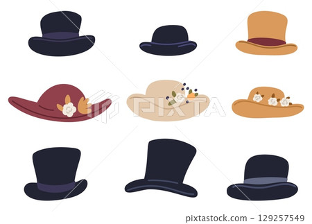 Vintage womens and mens hats. Head accessories. Cylinder and panama. Fashionable collection. Stylish vintage bowler wear. Classic trilby. Retro clothing. Casual fedora. Vector headwear set Vintage womens and mens hats. Head accessories. Cylinder and panama. Fashionable collection. Stylish vintage bowler wear. Classic trilby. Retro clothing. Casual fedora. Vector headwear set 129257549