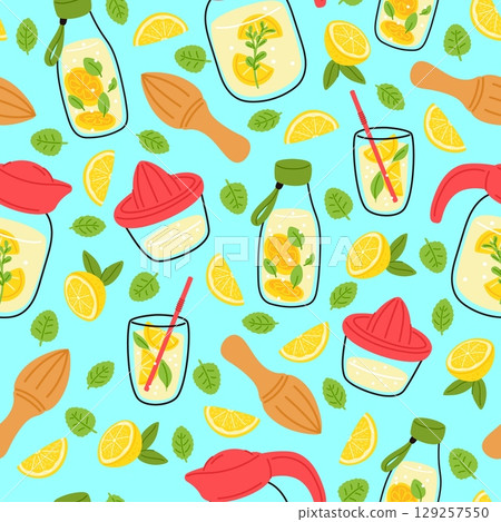 Whole and slices of lemon. Lemonade in glass and bottle. Green mint leaves seamless pattern. Repeated print. Citrus juice. Tropical fruit. Cocktail cup. Summer drink. Vector background Whole and slices of lemon. Lemonade in glass and bottle. Green mint leaves seamless pattern. Repeated print. Citrus juice. Tropical fruit. Cocktail cup. Summer drink. Vector background 129257550