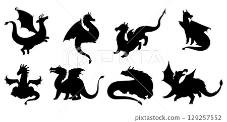 Winged medieval dragons. Fire breathing magic animals black silhouettes. Flying bestiary reptiles poses. Fairy tale monsters. Isolated fantasy creatures. Vector mythical lizards set Winged medieval dragons. Fire breathing magic animals black silhouettes. Flying bestiary reptiles poses. Fairy tale monsters. Isolated fantasy creatures. Vector mythical lizards set 129257552