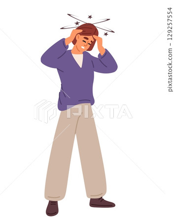 Woman holding head with her hands dizziness or fainting. Girl suffering from headache. Confused female feeling pain. Vertigo and migraine disorder. Unhealthy patient. Vector concept Woman holding head with her hands dizziness or fainting. Girl suffering from headache. Confused female feeling pain. Vertigo and migraine disorder. Unhealthy patient. Vector concept 129257554