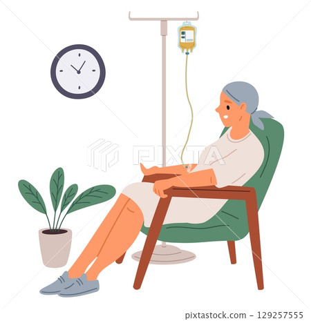 Woman in polyclinic treats cancer with course of chemotherapy. Medical intravenous infusion. Female patient sitting in armchair with dropper. Oncology disease treatment. Vector concept 129257555