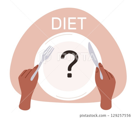 Woman over empty plate chooses diet top view. Hands holding fork and knife. Cutlery and dish with question mark. Food choice. Dietary meal eating. Product for slimming. Vector concept Woman over empty plate chooses diet top view. Hands holding fork and knife. Cutlery and dish with question mark. Food choice. Dietary meal eating. Product for slimming. Vector concept 129257556