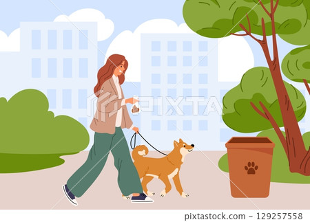Woman walks her dog in city park and disposes of her pets feces in plastic bag and in trash can. Girl cleaning doggy excrement at sidewalk. Domestic animal at leash. Vector concept 129257558