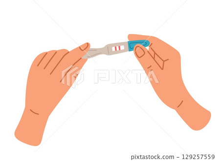Womans hand holding two stripe pregnancy test. Maternity checking. Fertility control. Ovulation exam result. Childbirth waiting. Conceive analysis. Prenatal planning. Vector concept 129257559