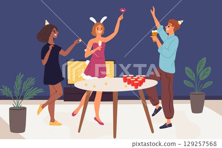 Young people having fun and play beer pong. Guys and girls playing at party. Woman throwing ball into beerpong glass. Man with ale pint. Alcohol challenge. Game competition. Vector concept 129257568