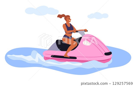 Young woman rides jet ski in sea during summer vacation. Girl driving aqua bike. Sea travel. Water waves scooter. Seaside speed transport. Extreme sport and resort leisure. Vector concept Young woman rides jet ski in sea during summer vacation. Girl driving aqua bike. Sea travel. Water waves scooter. Seaside speed transport. Extreme sport and resort leisure. Vector concept 129257569