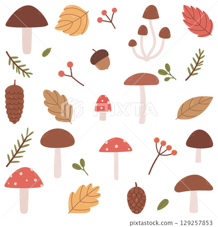 Mushrooms and forest autumn elements set 129257853