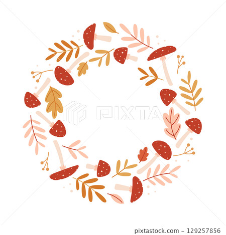 Fall wreath with mushrooms leaves and twigs 129257856