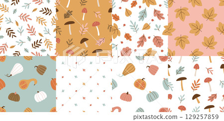 Seamless fall patterns with pumpkins mushrooms and leaves Seamless fall patterns with pumpkins mushrooms and leaves 129257859
