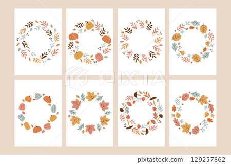 Autumn wreaths with pumpkins mushrooms and fall leaves Autumn wreaths with pumpkins mushrooms and fall leaves 129257862