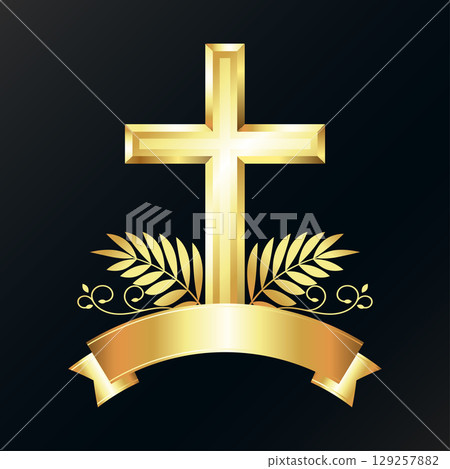 Golden Christian cross with ribbon and plant branches 129257882