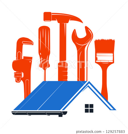 Roof of the house and various tools for repair and construction 129257883