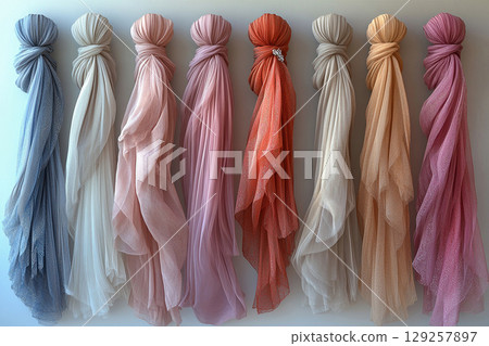 Attract luxury buyers. Diversity of bridal tulle with crystal embellishments is hanging on the wall. 129257897