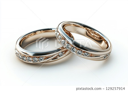 Pair of white gold wedding rings on a white background. Pair of white gold wedding rings on a white background. 129257914