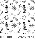 Seamless repeat pattern with elements such as ship wheel, crab, starfish, anchor, lifebuoy. The detailed hand drawn black and white vector illustrations perfect for fabric wallpaper. 129257973