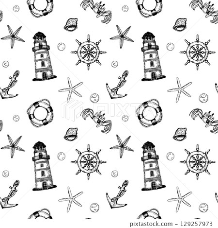 Seamless repeat pattern with elements such as ship wheel, crab, starfish, anchor, lifebuoy. The detailed hand drawn black and white vector illustrations perfect for fabric wallpaper. 129257973