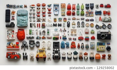 Miniature toy collection colorful small objects on white background Miniature toy collection colorful small objects on white background 129258002