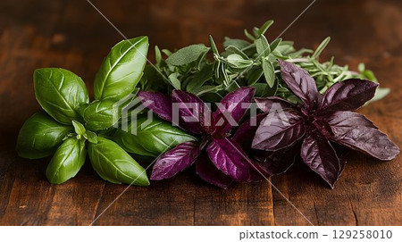 Fresh culinary herbs basil sage rosemary overhead shot Fresh culinary herbs basil sage rosemary overhead shot 129258010
